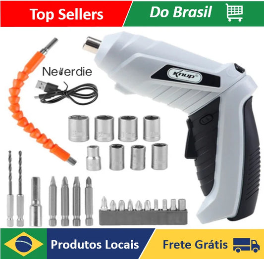 Parafusadeira Sem Fio portátil Recarregavel 32 ponteiras + maleta com acessórios - Neverdie